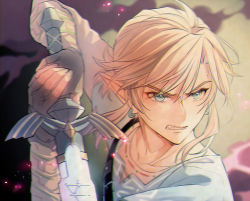 Rule 34 | 1boy, angry, bishounen, blonde hair, blue eyes, blurry, blurry background, blurry foreground, clenched teeth, commentary, earrings, english commentary, gloves, holding, incoming attack, jewelry, link, long sleeves, looking at viewer, male focus, master sword, nintendo, pointy ears, smoke, solo, sword, teeth, the legend of zelda, the legend of zelda: breath of the wild, triforce, weapon, wind, yuina0099
