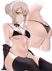 Rule 34 | 1girl, artoria pendragon (all), artoria pendragon (alter swimsuit rider) (second ascension) (fate), artoria pendragon (fate), ass, bad id, bad twitter id, bikini, black bikini, black nails, black thighhighs, blonde hair, bow, bow bikini, breasts, cleavage, commentary, detached collar, earrings, fate/grand order, fate (series), frilled bikini, frills, grimace, highres, jewelry, lace, lace-trimmed bikini, lace trim, maid, maid bikini, maid headdress, medium breasts, multiple views, nail polish, narrowed eyes, navel, oni kanzei, pale skin, saber alter, side-tie bikini bottom, simple background, sitting, standing, stomach, sweatdrop, swimsuit, teeth, thighhighs, unconventional maid, white background, yellow eyes