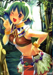 Rule 34 | 00s, 1girl, bare shoulders, belt, blush, bracelet, breasts, brown eyes, choker, cleavage, crop top, forest, green hair, hand on own hip, hip focus, jewelry, koutaro, large breasts, leaning forward, loincloth, midriff, morgan (tears to tiara), nature, navel, one eye closed, open mouth, outdoors, ribbon, short hair, skirt, smile, solo, tears to tiara, tree, wink
