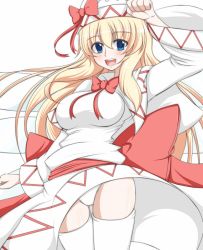 Rule 34 | 1girl, blonde hair, blue eyes, blush, bow, breasts, dress, fairy, female focus, hat, large breasts, lily white, long hair, open mouth, panties, pantyshot, solo, thighhighs, touhou, underwear, upskirt, white background, white panties, white thighhighs, wings, zefyu