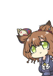 Rule 34 | 1girl, absurdres, animal ears, aston machan (umamusume), blue shirt, bow, breasts, brown hair, closed mouth, crown, goma (gomasamune), green eyes, hair between eyes, hair ornament, hair scrunchie, highres, horse ears, large breasts, mini crown, ponytail, red scrunchie, school uniform, scrunchie, shirt, simple background, smile, solo, tilted headwear, tracen school uniform, twitter username, umamusume, upper body, white background, white bow