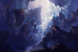 Rule 34 | cliff, commentary, dragon, fog, highres, ice, landscape, large wings, mountain, no humans, original, philipp urlich, scenery, storm, temple, wings, wyvern