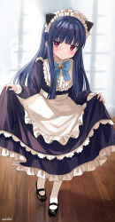 Rule 34 | 1girl, alternate costume, animal ears, bell, blue bow, blue bowtie, blue hair, blunt bangs, blunt ends, blurry, blush, bokeh, bow, bowtie, cat ears, center frills, dark blue hair, depth of field, dress, eluthel, enmaided, fake animal ears, frilled dress, frills, full body, highres, idolmaster, idolmaster cinderella girls, light particles, looking at viewer, maid, mary janes, neck bell, red eyes, sajo yukimi, shoes, skirt hold, smile, solo, wooden floor