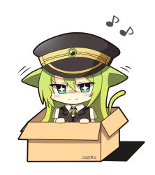 Rule 34 | 1girl, alina gray, animal ears, black hat, black vest, blush, box, cardboard box, cat ears, cat tail, chibi, closed mouth, green hair, hat, in box, in container, kemonomimi mode, long hair, magia record: mahou shoujo madoka magica gaiden, magical girl, mahou shoujo madoka magica, musical note, peaked cap, puffy short sleeves, puffy sleeves, short sleeves, simple background, smile, solo, sparkling eyes, tail, teen (teen629), vest, white background