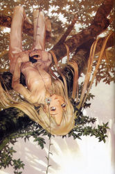 Rule 34 | 1girl, autumn, barefoot, blonde hair, highres, in tree, long hair, okama, original, pants, plant, potted plant, slit pupils, solo, tree, upside-down, very long hair, yellow eyes