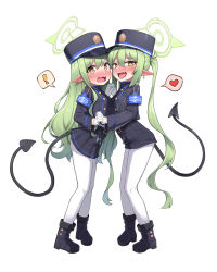 Rule 34 | !, 2girls, :d, absurdres, ankle boots, armband, black footwear, black hat, black tail, blue archive, blue armband, blush, boots, demon tail, from side, full body, gloves, green hair, green halo, halo, hat, heart, highres, hikari (blue archive), holding hands, interlocked fingers, isinose (ilxodidli), long hair, long sleeves, looking at viewer, multiple girls, nozomi (blue archive), open mouth, pantyhose, peaked cap, pointy ears, siblings, simple background, sisters, smile, spoken exclamation mark, spoken heart, tail, tongue, tongue out, twins, twintails, white background, white gloves, white pantyhose, yellow eyes