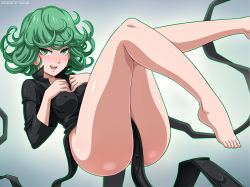 Rule 34 | 1girl, :d, ass, bare legs, black dress, breasts, curly hair, dress, covered erect nipples, green eyes, green hair, highres, looking at viewer, one-punch man, open mouth, sano br, short hair, smile, solo, tatsumaki, thighs