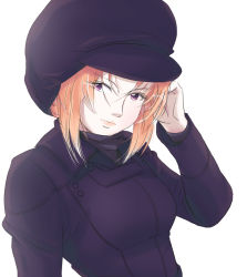 Rule 34 | 1girl, bad id, bad pixiv id, breasts, closed mouth, coat, commentary request, gundam, gundam unicorn, hand in own hair, hat, highres, looking at viewer, marida cruz, medium hair, orange hair, purple eyes, simple background, solo, white background
