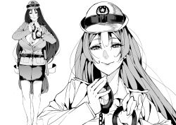 Rule 34 | 1girl, alternate costume, azukiko, belt, breasts, closed mouth, collared shirt, cuffs, dress shirt, fate/grand order, fate (series), greyscale, handcuffs, hat, huge breasts, long hair, looking at viewer, low-tied long hair, low tied hair, minamoto no raikou (fate), monochrome, parted bangs, police, police uniform, policewoman, shirt, smile, thighs, uniform, very long hair, white shirt