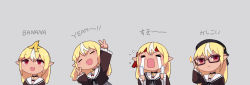 Rule 34 | &gt; &lt;, 1girl, :d, arm up, bad id, bad pixiv id, banana peel, beret, black-framed eyewear, black choker, black headwear, black jacket, blonde hair, cait aron, chibi, choker, closed eyes, crying, dark-skinned female, dark skin, double v, dress, elf, english text, facing viewer, frilled sleeves, frills, glasses, glowstick, grey background, grey dress, hat, headband, highres, holding, hololive, hololive fantasy, jacket, long hair, long sleeves, looking at viewer, multicolored hair, multiple views, on head, open mouth, pointy ears, red eyes, red headband, shiranui flare, shiranui flare (street), smile, sparkle, streaked hair, streaming tears, striped clothes, striped dress, tears, translation request, v, v-shaped eyebrows, vertical-striped clothes, vertical-striped dress, virtual youtuber, wavy mouth, white hair