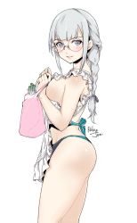 Rule 34 | 1girl, apron, ass, bag, blush, braid, breasts, commentary request, from side, glasses, grey background, grey eyes, grey ribbon, hair ribbon, highres, holding, holding bag, large breasts, lips, long hair, looking at viewer, looking to the side, medium breasts, naked apron, original, parted lips, pink bag, relaxjon, ribbon, round eyewear, sideboob, sidelocks, signature, simple background, single braid, smile, solo, standing, white apron, white background