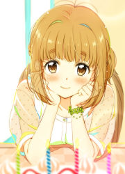 Rule 34 | 1girl, birthday, blush, brown eyes, brown hair, cake, candle, clover, flower bracelet, food, four-leaf clover, head rest, looking at viewer, short hair, simple background, smile, solo, striped, striped background, tokyo 7th sisters, tsunomori rona, zpolice