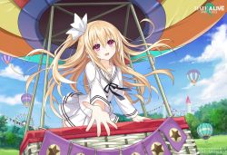 Rule 34 | 1girl, aircraft, black ribbon, blonde hair, date a live, date a live: spirit pledge, day, ferris wheel, highres, hot air balloon, long hair, looking at viewer, mayuri (date a live), official art, open hand, open mouth, outdoors, red eyes, ribbon, school uniform, serafuku, smile, solo, tree, white serafuku
