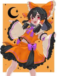 Rule 34 | 1girl, :d, adapted costume, black hair, border, bow, detached sleeves, feet out of frame, frills, hair bow, hair tubes, hakurei reimu, highres, komori (komo ricecake), looking at viewer, open mouth, orange background, smile, solo, sparkle, sparkle background, touhou, white border