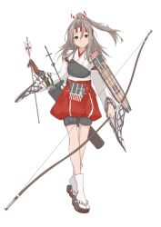 Rule 34 | 1girl, apron, archery, arrow (projectile), bow (weapon), brown eyes, brown gloves, flight deck, food, full body, gloves, greyscale, hachimaki, hakama, hakama shorts, headband, high ponytail, highres, holding, holding arrow, holding bow (weapon), holding weapon, japanese clothes, kantai collection, kyuudou, light brown hair, long hair, looking at viewer, monochrome, muneate, neve (morris-minicooper), okobo, omelet, partially fingerless gloves, partly fingerless gloves, ponytail, quiver, red shorts, rigging, sandals, shorts, simple background, single glove, smile, socks, solo, striped headband, tabi, tamagoyaki, weapon, white background, white socks, wide sleeves, yugake, yumi (bow), zuihou (kancolle), zuihou kai ni (kancolle)
