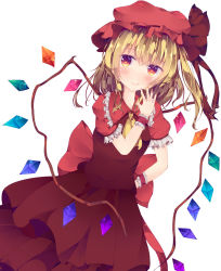 Rule 34 | 1girl, ascot, blonde hair, blush, dress, fant, flandre scarlet, frills, hand on own hip, hand up, hat, highres, looking at viewer, mob cap, red dress, red eyes, red hat, short sleeves, side ponytail, smile, solo, standing, touhou, white background, wings, wristband, yellow ascot