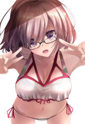 Rule 34 | 1girl, bare shoulders, bikini, blush, breasts, cleavage, collarbone, double v, fate/grand order, fate (series), glasses, hair over one eye, highres, large breasts, light purple hair, looking at viewer, mash kyrielight, mash kyrielight (swimsuit of perpetual summer ver.02), multicolored bikini, multicolored clothes, navel, official alternate costume, open mouth, purple eyes, rainbow bikini, rikudou inuhiko, see-through, short hair, simple background, solo, striped bikini, striped clothes, swimsuit, v, white background