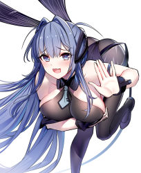 Rule 34 | 1girl, animal ears, ass, azur lane, bare shoulders, bent over, black footwear, black leotard, black pantyhose, blue eyes, blue hair, breasts, cleavage, collarbone, commentary request, hair between eyes, hand up, headgear, large breasts, leotard, long hair, nail polish, new jersey (azur lane), new jersey (exhilarating steps!) (azur lane), official alternate costume, open mouth, pantyhose, playboy bunny, rabbit ears, ririko (zhuoyandesailaer), see-through, see-through cleavage, shoes, simple background, solo, standing, standing on one leg, very long hair, white background