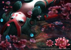 Rule 34 | 1girl, afloat, bad id, bad pixiv id, blue eyes, blurry, blurry foreground, blush, collarbone, commentary, depth of field, flower, koi nami, league of legends, long hair, lying, mermaid, monster girl, nami (league of legends), on back, parted lips, partially submerged, petals, petals on liquid, pink flower, red hair, saruei, scales, solo, water, watermark, web address