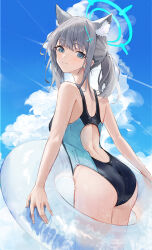 Rule 34 | 1girl, animal ear fluff, animal ears, ass, bare arms, bare shoulders, blue archive, blue eyes, blue sky, cloud, commentary request, cowboy shot, day, ema (kuguiema), grey hair, highres, holding, holding swim ring, innertube, long hair, one-piece swimsuit, ponytail, shiroko (blue archive), shiroko (swimsuit) (blue archive), sky, solo, standing, swim ring, swimsuit, thighs