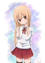 Rule 34 | 10s, 1girl, arms behind back, artist name, black thighhighs, blonde hair, blush, breasts, brown eyes, closed mouth, collared shirt, cowboy shot, doma umaru, hair between eyes, head tilt, himouto! umaru-chan, long hair, looking at viewer, medium breasts, miniskirt, multicolored background, neck ribbon, piripun, red ribbon, red skirt, ribbon, school uniform, serafuku, shirt, signature, skirt, smile, solo, sparkle, standing, thighhighs, white shirt, wing collar, zettai ryouiki