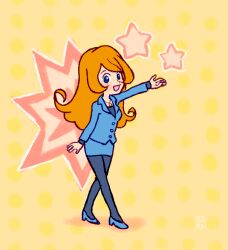 Rule 34 | 1girl, black leggings, black shirt, blue eyes, blue footwear, blue jacket, blue skirt, blush, business suit, buttons, commentary, commission, crossed legs, cutie-png, english commentary, formal, gold necklace, high heels, jacket, jewelry, leggings, long hair, long sleeves, looking at viewer, mona (warioware), necklace, nintendo, official alternate costume, open mouth, orange hair, outstretched arm, pencil skirt, pendant, shirt, skirt, skirt set, smile, standing, star (symbol), suit, warioware, yellow background
