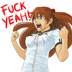 Rule 34 | 1girl, 2010 fifa world cup, artist request, blue eyes, breasts, drawfag, english text, floating hair, germany, hair ornament, hands up, long hair, neon genesis evangelion, open mouth, orange hair, profanity, shirt, short sleeves, simple background, soccer, solo, souryuu asuka langley, t-shirt, upper body, white background, world cup