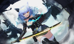 Rule 34 | 1girl, animal ears, black cape, black dress, black gloves, blue hair, breasts, cape, choker, cleavage, collarbone, commentary request, dress, fang, feet out of frame, gloves, glowing, grin, hand up, heterochromia, highres, holding, holding sword, holding weapon, looking at viewer, mecha musume, mechanical arms, medium breasts, natori youkai, open mouth, original, pouch, scenery, short dress, short hair, single mechanical arm, skin fang, smile, solo focus, sword, thighhighs, thighs, weapon