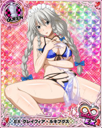Rule 34 | 1girl, bikini, blue bikini, braid, breast hold, breasts, card (medium), character name, chess piece, closed mouth, grayfia lucifuge, grey eyes, grey hair, high school dxd, high school dxd infinity, large breasts, lipstick, long hair, looking at viewer, maid headdress, makeup, official art, queen (chess), red lips, see-through, smile, solo, spread legs, swimsuit, torn bikini, torn clothes, torn towel, towel, trading card, twin braids
