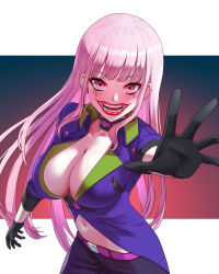 Rule 34 | 1girl, absurdres, ar-khey, black gloves, blush, breasts, cleavage, facial tattoo, gloves, highres, hololive, hololive english, large breasts, long hair, looking at viewer, midriff, mori calliope, navel, pink hair, purple shirt, reaching, reaching towards viewer, red eyes, shirt, smile, solo, suicide squad isekai, tattoo, teeth, virtual youtuber