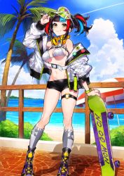 Rule 34 | 1girl, arm up, bare shoulders, belt, bikini, bikini top only, black hair, black shorts, blue hair, boots, breasts, closed mouth, day, fate/grand order, fate (series), full body, halterneck, headphones, headphones around neck, jacket, kneehighs, long hair, long sleeves, looking at viewer, medium breasts, micro shorts, mika pikazo, multicolored hair, navel, off shoulder, official art, open clothes, open jacket, outdoors, puffy sleeves, red hair, sei shounagon (berserker) (fate), sei shounagon (fate), short shorts, shorts, skateboard, smile, smug, socks, solo, standing, stomach, swimsuit, thigh strap, thighs, twintails, two-tone hair, v-shaped eyebrows, visor cap, white bikini, white jacket, white socks, wristband, yellow eyes
