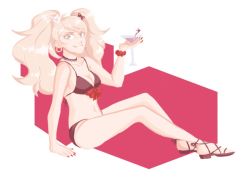Rule 34 | bare legs, bear hair ornament, bikini, bikini bottom only, bikini top only, black bikini, black choker, blonde hair, blue eyes, bow, breasts, choker, cleavage, collarbone, cup, danganronpa: trigger happy havoc, danganronpa (series), danganronpa s: ultimate summer camp, ear piercing, earrings, enoshima junko, ev fervescent, eyebrows hidden by hair, feet, full body, hair ornament, holding, holding cup, holding glass, hoop earrings, jewelry, lace, lace choker, large breasts, leaning back, legs, long eyelashes, long hair, looking at viewer, martini, multicolored background, navel, nose, open mouth, piercing, pink background, red bow, sandals, sitting, smile, swimsuit, teeth, thighs, white background