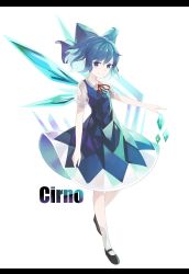 Rule 34 | 1girl, blue bow, blue dress, blue eyes, blue hair, bow, character name, cirno, commentary, dress, fairy wings, full body, hair bow, highres, letterboxed, looking at viewer, neck ribbon, o (crazyoton46), puffy short sleeves, puffy sleeves, red ribbon, ribbon, shihou (g-o-s) (style), shoes, short hair, short sleeves, socks, solo, touhou, wings