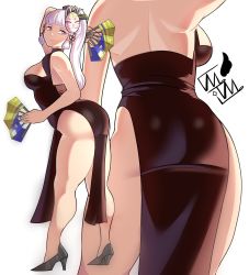 Rule 34 | 1girl, absurdres, ass, ayaka (genshin impact), bare arms, black dress, black footwear, blunt bangs, breasts, closed mouth, dress, folding fan, genshin impact, hand fan, high heels, highres, large breasts, leaning forward, long hair, looking at viewer, mask, mask on head, maybe its mayvi, multiple views, ponytail, purple eyes, simple background, smile, standing, white background