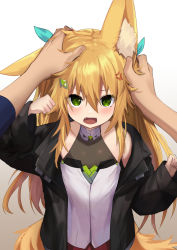 Rule 34 | 1boy, 1girl, anger vein, animal ear fluff, animal ears, bare shoulders, black jacket, blonde hair, blush, clenched hands, clothing request, commentary request, cowboy shot, fang, fox ears, fox tail, gradient background, green eyes, grey background, hair between eyes, hair ornament, hands on another&#039;s head, hands up, headband, highres, jacket, kokonoe tsubaki, long hair, looking at viewer, open mouth, original, pov, red skirt, skirt, tail, yoshizawa tsubaki