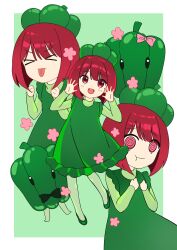 Rule 34 | 1girl, @ @, absurdres, aged down, arima kana, blunt bangs, blush, bob cut, chinese commentary, commentary request, dress, food-themed hat, green dress, green pepper, highres, long sleeves, multiple views, oshi no ko, red eyes, red hair, short hair, smile, turtleneck, xiang yu pai