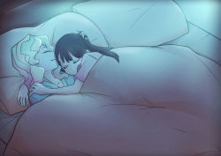Rule 34 | 2girls, arm around neck, bed, blanket, brown hair, closed eyes, collarbone, couple, diana cavendish, hand on another&#039;s shoulder, kagari atsuko, little witch academia, long hair, lying, moonlight, multicolored hair, multiple girls, neck, night, open mouth, pillow, sleeping, two-tone hair, under covers, usbfan, wavy hair, yuri