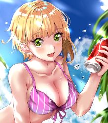 Rule 34 | 10s, 1girl, bikini, blonde hair, breasts, can, collarbone, day, drink can, green eyes, hamu (plot sy), highres, idolmaster, idolmaster cinderella girls, large breasts, miyamoto frederica, open mouth, outdoors, short hair, sky, smile, soda can, solo, striped bikini, striped clothes, swimsuit, wet