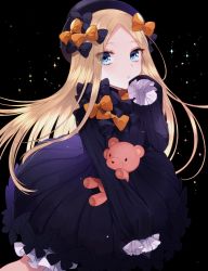 Rule 34 | 1girl, abigail williams (fate), bad id, bad pixiv id, black background, black bow, black dress, black hat, blonde hair, bloomers, blue eyes, blush, bow, bug, butterfly, dress, eburidei hitomigokuu, fate/grand order, fate (series), forehead, hair bow, hat, highres, hugging object, insect, long hair, long sleeves, looking at viewer, orange bow, parted bangs, parted lips, polka dot, polka dot bow, sleeves past fingers, sleeves past wrists, solo, stuffed animal, stuffed toy, teddy bear, underwear, very long hair, white bloomers