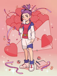 1boy black_hair blue_socks blush commentary creatures_(company) crumpled_paper envelope full_body game_freak gloves heart holding holding_envelope jacket kieran_(pokemon) long_sleeves male_focus mole mole_on_neck multicolored_hair nintendo open_clothes open_jacket paper pokemon pokemon_sv purple_hair red_gloves red_tank_top sakuramochi0906 shoes shorts simple_background single_glove socks solo sparkle standing symbol-only_commentary tank_top valentine white_jacket white_shoes white_shorts