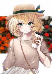 Rule 34 | 1girl, absurdres, alternate costume, blonde hair, brown sweater, commentary, cup, disposable cup, english commentary, green eyes, hair ornament, hairclip, hat, highres, holding, holding cup, lacia everlight, looking at viewer, millie parfait, nijisanji, nijisanji en, short hair, skirt, smile, solo, sweater, virtual youtuber, white skirt