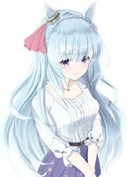 Rule 34 | absurdres, animal ears, blue hair, blue skirt, blunt bangs, blush, braid, breasts, casual, cleavage, closed mouth, collarbone, commentary request, cowboy shot, crown braid, eyes visible through hair, floral print, highres, horse ears, horse girl, hoshikage syo, jewelry, light blue hair, long hair, long sleeves, looking at viewer, medium breasts, mejiro ardan (umamusume), necklace, pleated skirt, purple eyes, shirt, sidelocks, simple background, skirt, smile, umamusume, v arms, very long hair, white background, white shirt