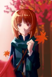 Rule 34 | 10s, 1girl, absurdres, autumn, autumn leaves, bag, blue coat, blue scarf, blurry, blurry background, blurry foreground, brown eyes, brown hair, casual, clenched hand, closed mouth, coat, commentary, day, depth of field, english commentary, fringe trim, girls und panzer, hachikirra, highres, long sleeves, looking at viewer, nishizumi miho, open clothes, open coat, outdoors, satchel, scarf, short hair, smile, solo, standing, toggles, upper body