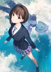 Rule 34 | 2girls, asymmetrical hair, black bodysuit, black hairband, blazer, blue jacket, blue reflection (series), blue reflection tie, bodysuit, bow, brown eyes, brown footwear, brown hair, cloud, commentary request, dress shirt, dual persona, foreshortening, hair bow, hairband, hoshizaki ao, jacket, loafers, looking at viewer, looking up, mechanical wings, multiple girls, nagu, necktie, official art, parted lips, plaid, plaid neckwear, plaid skirt, pleated skirt, promotional art, purple neckwear, purple skirt, reflection, reflective floor, ripples, school uniform, shirt, shoes, skirt, sky, socks, standing, white legwear, white shirt, wings