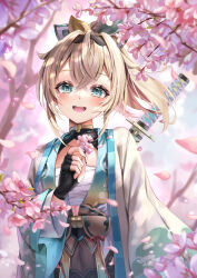 Rule 34 | 1girl, akami770, bandaged chest, black gloves, blonde hair, blurry, blurry background, blush, cherry blossoms, chest sarashi, commentary request, crossed bangs, day, depth of field, fingerless gloves, flower, gloves, green eyes, hair between eyes, hair ornament, hand up, haori, highres, holding, holding flower, hololive, japanese clothes, katana, kazama iroha, long sleeves, looking at viewer, open mouth, outdoors, petals, ponytail, samurai, sarashi, smile, solo, sword, tree, upper body, virtual youtuber, weapon