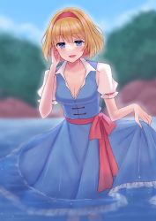 Rule 34 | 1girl, alice margatroid, blonde hair, blue dress, blue eyes, breasts, cleavage, dress, hairband, highres, holding, holding clothes, holding dress, in water, lake, lolita hairband, medium breasts, no neckwear, open clothes, open shirt, puffy short sleeves, puffy sleeves, red hairband, ribbon-trimmed sleeves, ribbon trim, sash, shirt, short hair, short sleeves, touhou, twelve (thirteen110), wading