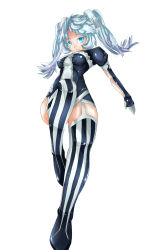 Rule 34 | 1girl, blue eyes, blue hair, boots, foreshortening, from below, gloves, highres, matching hair/eyes, mochi hanpen, original, simple background, solo, striped clothes, striped thighhighs, thigh boots, thighhighs, twintails, vertical-striped clothes, vertical-striped thighhighs