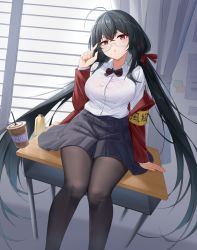 Rule 34 | 1girl, :o, absurdres, adjusting eyewear, ahoge, armband, azur lane, black hair, black pantyhose, bow, bowtie, bra, breasts, crossed bangs, drink, feet out of frame, glasses, hair ribbon, hand on eyewear, highres, jacket, kafeifeifeifeifeifei jiemo jun, large breasts, long hair, long sleeves, looking at viewer, on table, pantyhose, pleated skirt, red eyes, red jacket, red ribbon, ribbon, round eyewear, school uniform, see-through, see-through shirt, shirt, shirt tucked in, sitting, skirt, solo, table, taihou (azur lane), taihou (sweet time after school) (azur lane), taut clothes, taut shirt, twintails, underwear, very long hair, white shirt, yellow armband