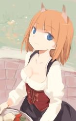 Rule 34 | 10s, 1girl, animal ears, black skirt, blouse, blue eyes, brave witches, breasts, cleavage, corset, dirndl, food, from above, german clothes, grass, gundula rall, light smile, looking at viewer, lowres, medium breasts, orange hair, outdoors, shimada fumikane, shirt, short hair, skirt, solo, strike witches, traditional clothes, underbust, vegetable, white shirt, wolf ears, world witches series