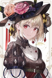 Rule 34 | 1girl, alternate costume, black hat, blonde hair, butterfly hat ornament, closed mouth, collared shirt, dress shirt, flower, hat, hat flower, hat ornament, looking at viewer, lycoris recoil, lyra (lyra e), nishikigi chisato, orange flower, pink flower, red eyes, shirt, short hair, smile, solo, upper body, white shirt, wing collar